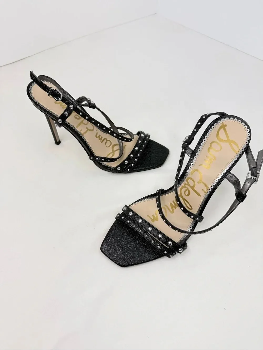 Sam Edelman LENNOX Black Glitter Silver Studded Strappy Open Toe Stiletto Heels